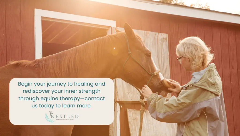women therapist preparing horse for equine therapy session